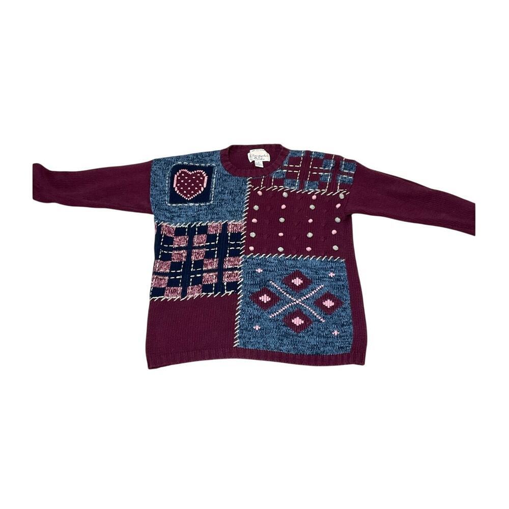 VTG 90s Christopher & Banks Patchwork Womens Sweater Size Medium Hand Embroided - Picture 9 of 9